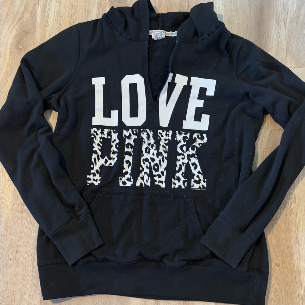 PINK Victoria Secrets Black Hooded sweater V-neck Size Large